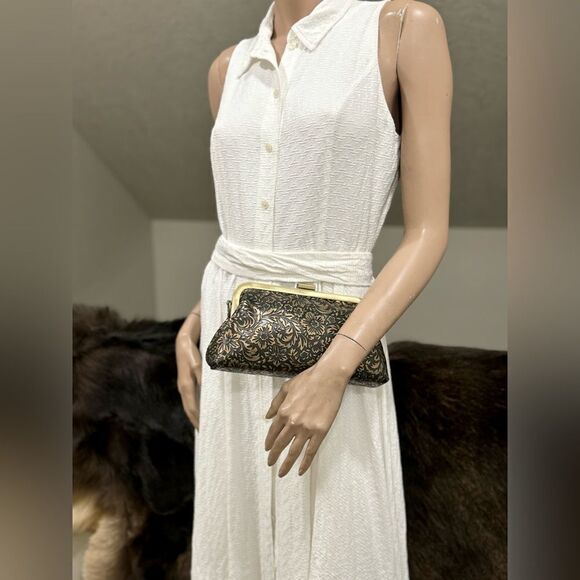 Handmade Floral  Embossed Cowhide Push Lock Clutch, Shoulder Bag, Crossbody - Picture 6 of 16